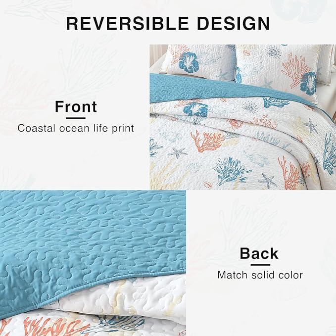 HORIMOTE HOME Coastal Quilt Bedding Set King Size, Reversible Summer Beach Quilt Lightweight Ocean Nautical Comforter Tropical Bedspread Coverlet with 2 Pillow Shams for All Seasons (106"x96")