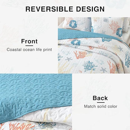 HORIMOTE HOME Coastal Quilt Bedding Set Queen Size, Reversible Summer Beach Quilt Lightweight Ocean Nautical Comforter Tropical Bedspread Coverlet with 2 Pillow Shams for All Seasons (90"x96")