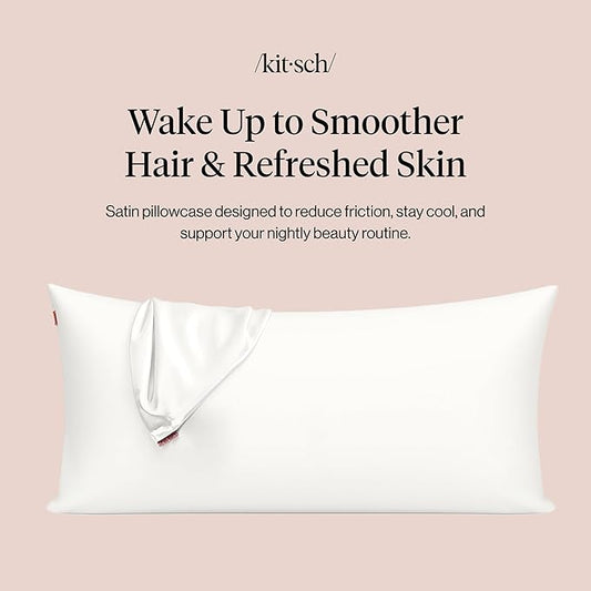 Kitsch Satin Pillowcase with Zipper for Hair & Skin - Softer Than Silk Pillow Cases, Smooth Cooling Satin Pillow Case, Wrinkle-Free, Machine Washable - King Size Satin Pillow Case (19x36) - Ivory