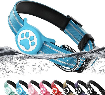 Airtag Dog Collar, Reflective Ultra-Durable Nylon Padded with QR Code Buckle & IP68 Waterproof Air Tag Holder Compatible for Apple AirTag, Comfortable for Small Medium Large Dogs(Blue,L)