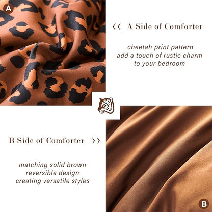 PERFEMET Leopard Print Bedding Set King, 3 Pieces Animal Cheetah Print Comforter Set with 2 Pillowcases, Soft Fluffy Farmhouse Leopard Pattern Bed Set for All Season (Brown, King)