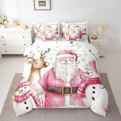 Castle Fairy Cute Santa Claus 7 Pieces Bedding Set King Bed in a Bag,Winter Snowman Deer Watercolor Christmas Theme Comforter Set,Geometric Snowflakes Gold Print Soft Warm Microfiber Bedding