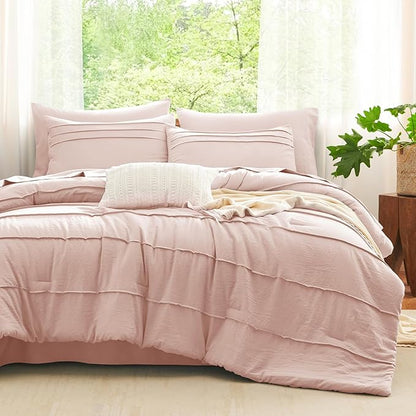 CozyLux Queen Comforter Set Pink, 7 Pieces Soft Pinch Pleat Bed in a Bag Queen Comforter Set with Sheets, Boho Bed Set with Down Alternative Comforter, Sheets, Pillowcases & Shams