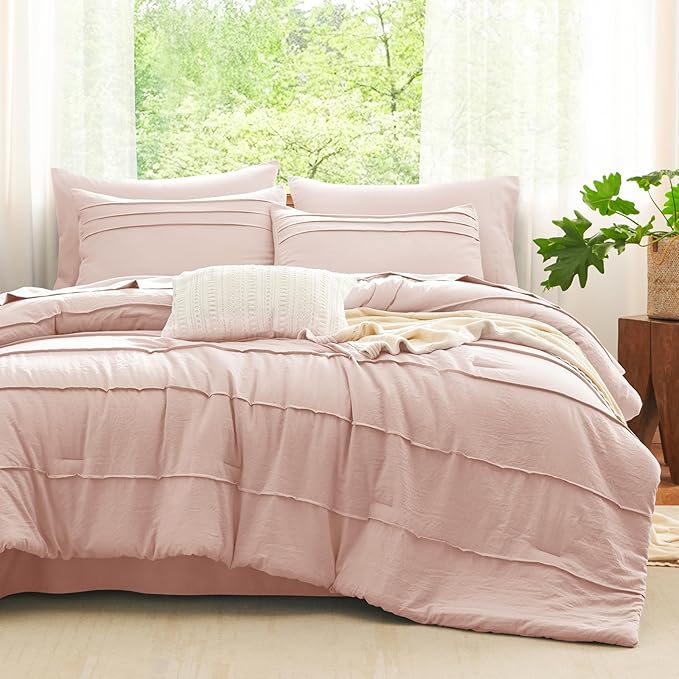 CozyLux King Size Comforter Set Pink, 7 Pieces Soft Pinch Pleat Bed in a Bag King Comforter Set with Sheets, Boho Bed Set with Down Alternative Comforter, Sheets, Pillowcases & Shams