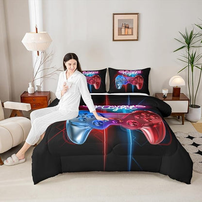 Boys Gaming Comforter Set Twin Size Teens Gamer Bedding Set Modern Blue Red Video Game Controller Comforter For Kids Children Youth Bedroom Decor Multi-Color Gamer Console Action Buttons Duvet Set