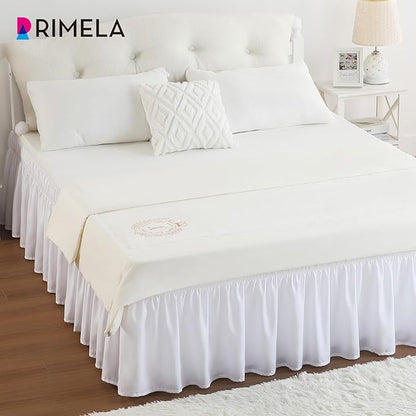 RIMELA Bed Skirt King Size White Bed Skirt 25 Inch Drop, Wrap Around Elastic Adjustable Bedskirt, Dust Ruffle for Bed Frame & Box Spring Soft Durable Fabric Machine Washable Easy to Install