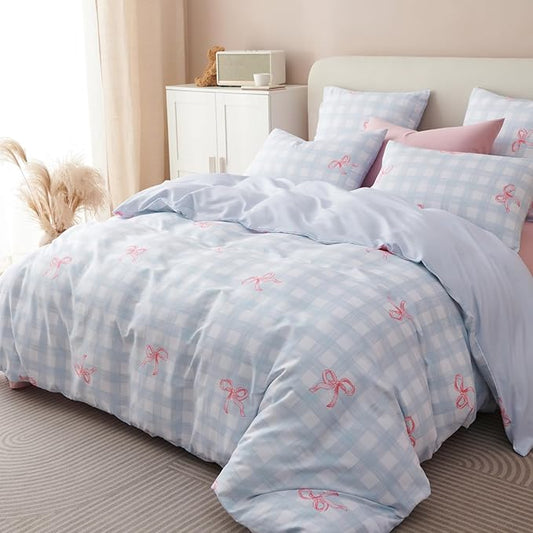 Blue Plaid Twin Comforter Set - Pink Bow Quilt Bedding Set 2 Pieces, Gingham Comforter Set Twin Size, Soft & Lightweight Comforter(68‘’ x 90‘’) for Girl All Season & 1 Pillowcase(30‘’x20‘’)