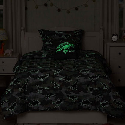 Twin Comforter Set for Boys-3 Pieces Dinosaur Glow in the Dark Twin Bedding Sets for Kids,1 Comforter,1 Sham and 1 Decor Pillow