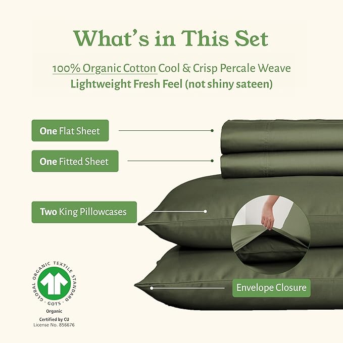 California Design Den Bedsheets King Size Bed Set - Soft 100% 100% Organic Cotton Sheets with Deep Pockets, Crisp Percale, Breathable and Durable Bedding Set - Olive Green