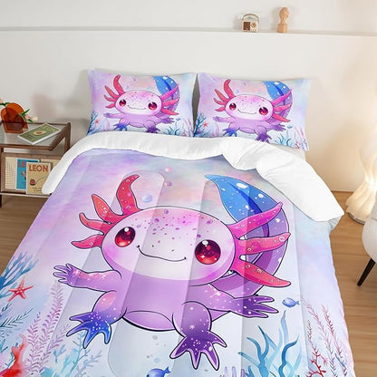 Cute Axolotl Bedding Set Full Size,Pink Axolotl Waterweed Pattern Toddler Bed Comforter Set,Kawaii Sea Life Bedding Sets for Kids Boys Girls Room Decoration with 2 Pillowcases.