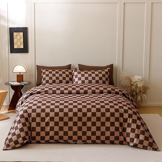 Houseri Brown Plaid Comforter Set California King Chocolate Coffee Color Chessboard Bedding Sets Mocha Buffalo Checkered Bed Quilt Blanket Cal King Size