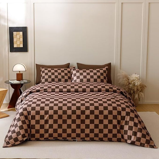 Houseri Brown Plaid Comforter Set Full Chocolate Coffee Color Chessboard Bedding Sets Mocha Buffalo Checkered Bed Quilt Blanket Full
