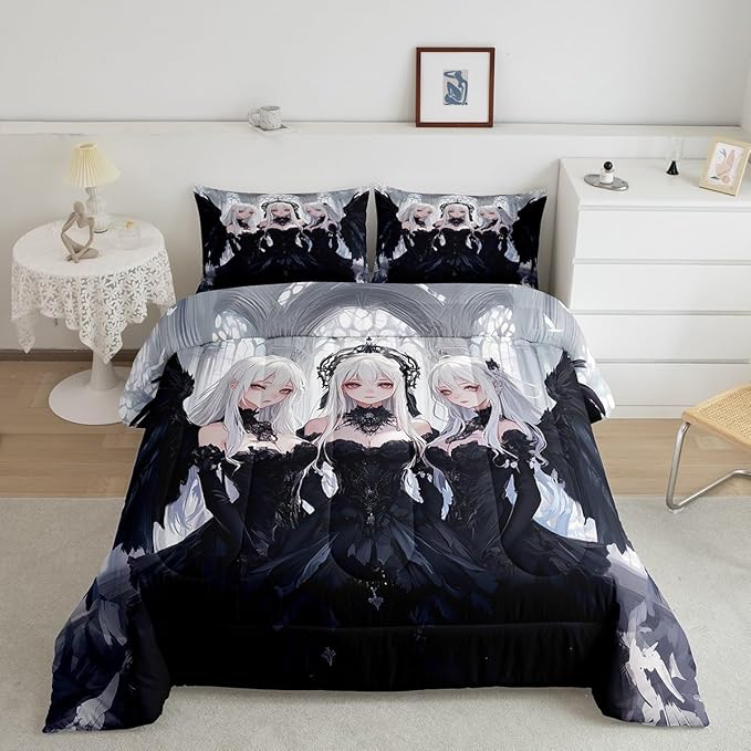 Erosebridal Japanese Anime Toddler Size Comforter Set, Anime Girl Bedding Set Kawaii Japanese Style Quilt Cartoon Japan Animation Duvet Insert for Boys Teens Adult Women Bedroom Decor, Black