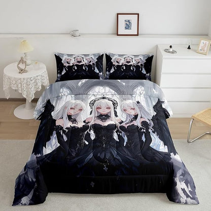 Erosebridal Japanese Anime Toddler Size Comforter Set, Anime Girl Bedding Set Kawaii Japanese Style Quilt Cartoon Japan Animation Duvet Insert for Boys Teens Adult Women Bedroom Decor, Black