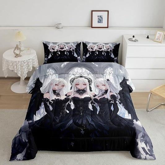 Erosebridal Japanese Anime Toddler Size Comforter Set, Anime Girl Bedding Set Kawaii Japanese Style Quilt Cartoon Japan Animation Duvet Insert for Boys Teens Adult Women Bedroom Decor, Black