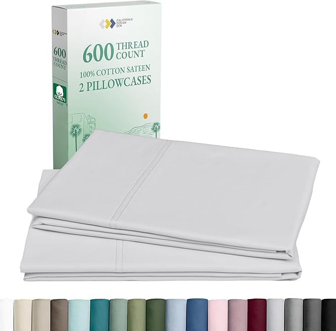 California Design Den Premium King Pillow Covers Set of 2-600 Thread Count Sateen, Natural 100% Cotton Pillow Cases King, Crisp, Durable Bedding - Light Silver