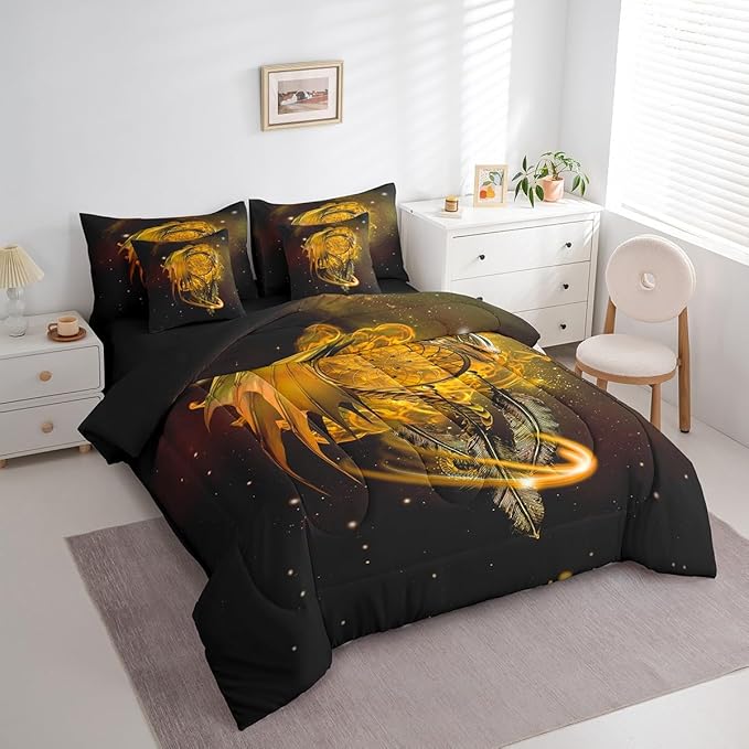 Erosebridal Gothic Dragon Dream Catchers 7 Piece Comforter Set Full Bed in a Bag,Yellow Galaxy Bohemian Feather Bedding Sets Antique Animal Pterosaur Sheet Set with Comforter