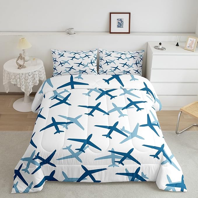 Castle Fairy Kids Aircraft Boys Girls Comforter Set Full Size,Cartoon Transportation Vehicles Duvet Sets Teens Bedroom Decor,Boys Airplane Blue White Brushed Microfiber Soft Bedding Comforter