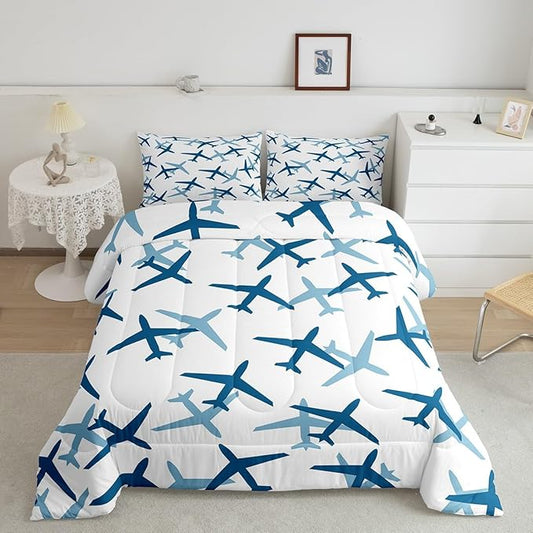 Kids Aircraft Comforter Set for Kids,Cartoon Transportation Vehicles Bedding Sets Teens Cute Room Decor,Boys Airplane Blue White Duvet Set Quilt Set Twin 1 Comforter with 1 Pillow Case