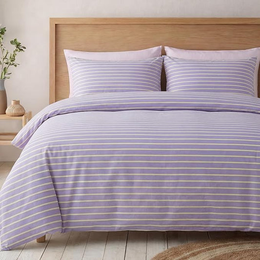 Bedbay Lavender Striped Duvet Cover Set Queen Size, 100% Cotton Sateen Bedding Set, Silky Soft Light & Fresh 3 Piece Duvet Cover for All Seasons