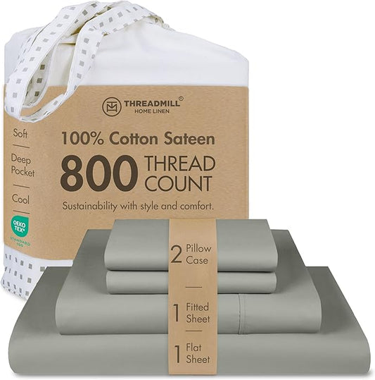 Threadmill Luxury 800 Thread Count Full Size 100% Cotton Sheets - Moonrock Grey Sateen Weave Bed-Sheets, Better Than Egyptian Cotton, 4 Pc Solid Bed Set, Fits 16" Deep Pocket