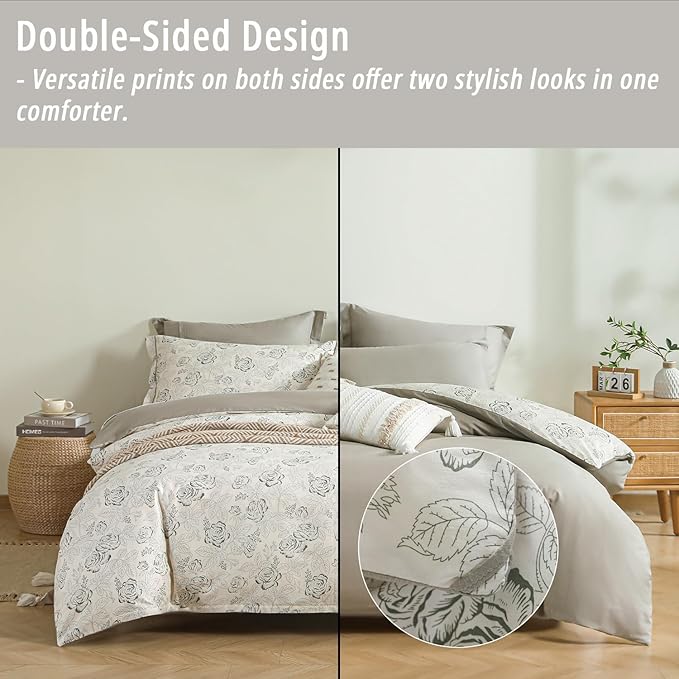 Vintage Botanical Cotton Comforter Queen Size 3PC - Elegant Floral Sketch on Ivory White with Tan Herringbone Reverse – Reversible Lightweight Comforter Set with Soft Fill(90"×90")