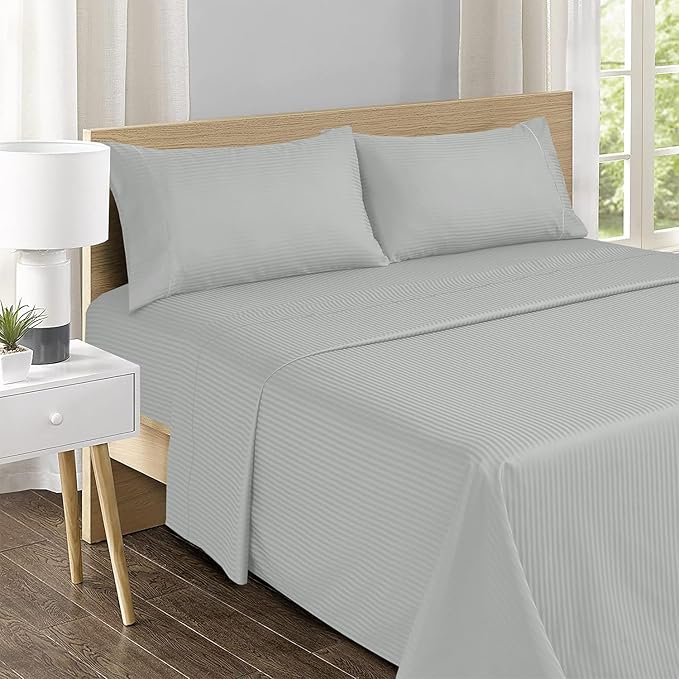 Feather & Stitch 500 TC Full Size Damask Bed Sheet Set, 100% Cotton Soft Breathable Bedsheets, 4 Piece 18" Deep Pockets Sateen Weave Striped Bedding Mattress Resort Hotel Luxury - (Blue Blush Stripe)