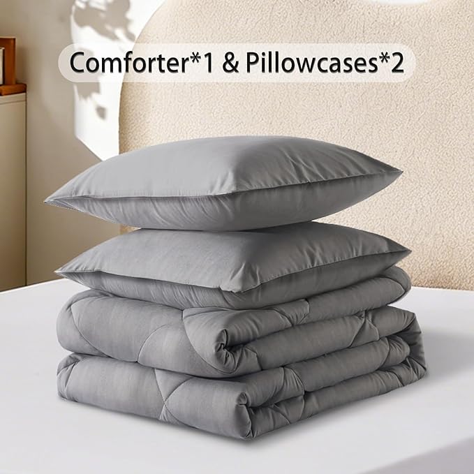 3-Piece King Comforter Set,All-Season,Soft & Hypoallergenic &Breathable Bedding,Polyester Quilted,Down Alternative(Comforter*1 & Pillowcases*2),Dark Gray