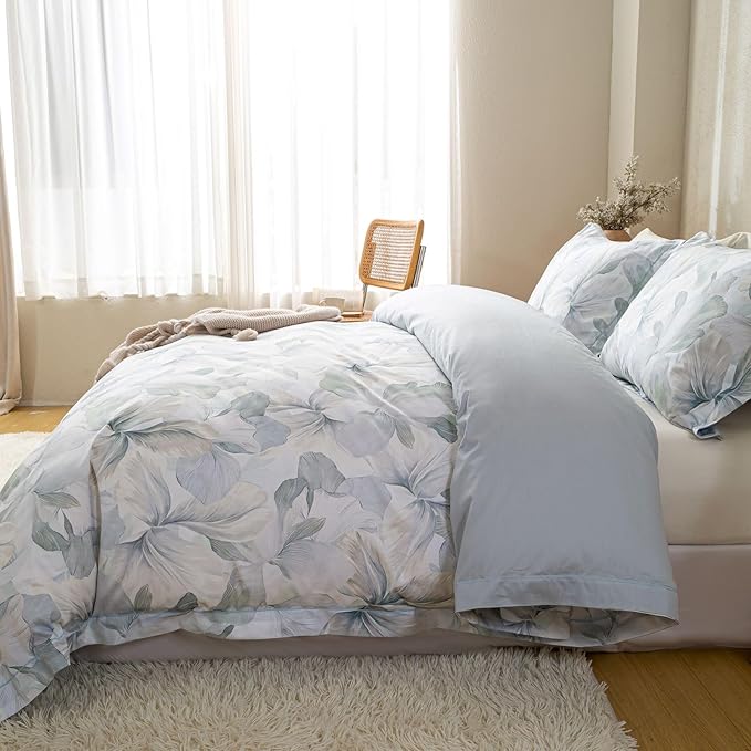 OAITE Duvet Cover Set Twin Size Floral Pattern Ultra Soft 100% Cotton Duvet Cover Sets 3-PC, Breathable Duvet Cover with Zipper Closure & Corner Ties(2 Pillow Shams,1 Duvet Cover)
