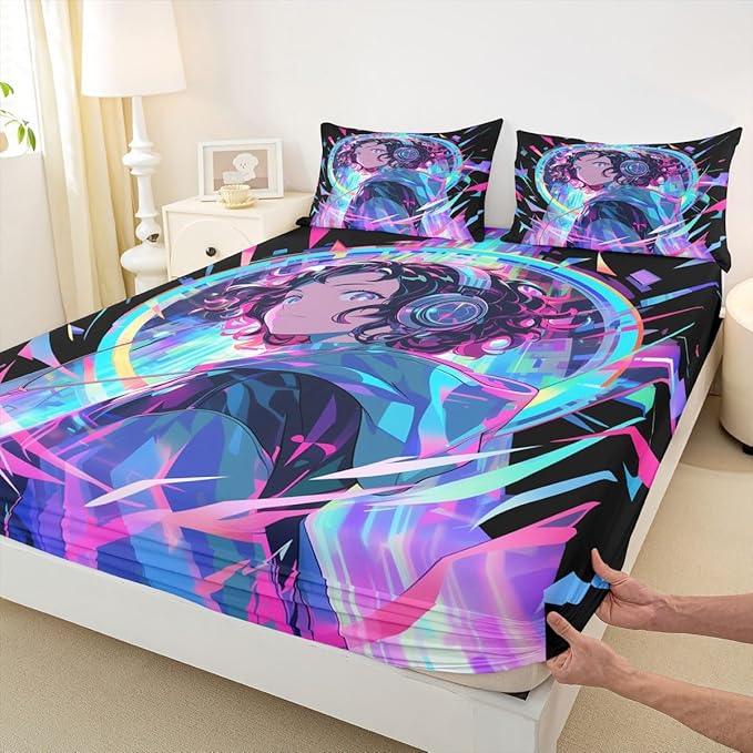 3D Anime Girl Bed Sheets American Street Culture Fitted Sheet Twin for Teens Youth Girls Watercolor Graffiti Style Bedding Set Galaxy Stars Print Sheets with 1 Pillow Case, No Flat Sheet