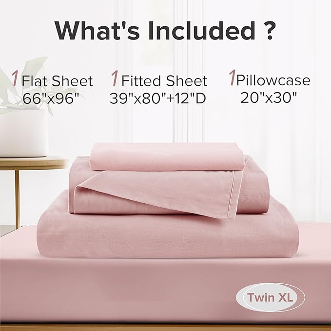 Comfort Spaces 100% Cotton Sheets Twin XL, Breathable & Ultra Soft Cotton Sheets, Naturally Cool Cotton Bed Sheets with 12" Elastic Pocket Fits up to 14" Mattress, All Seasons Sheet Set, Pink 3 Piece