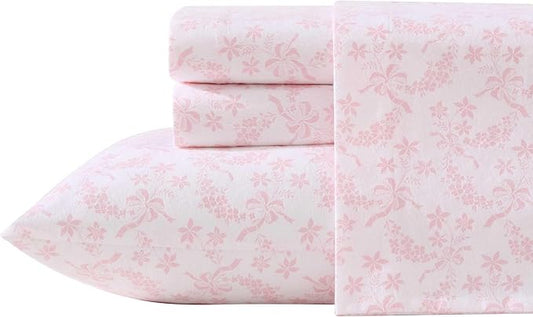 Laura Ashley - Queen Sheet Set, Crisp & Cool Cotton Percale Bedding with Deep Pockets, Lightweight for Year Round Comfort, Bed Sheets with Matching Pillowcases (Antoinette Pink)