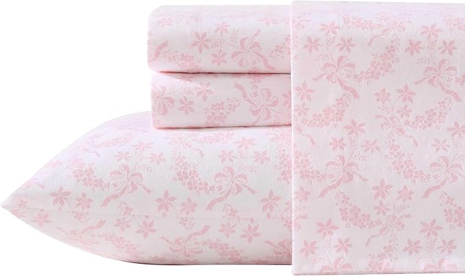 Laura Ashley - Full Sheet Set, Crisp & Cool Cotton Percale Bedding with Deep Pockets, Lightweight for Year Round Comfort, Bed Sheets with Matching Pillowcases (Antoinette Pink)