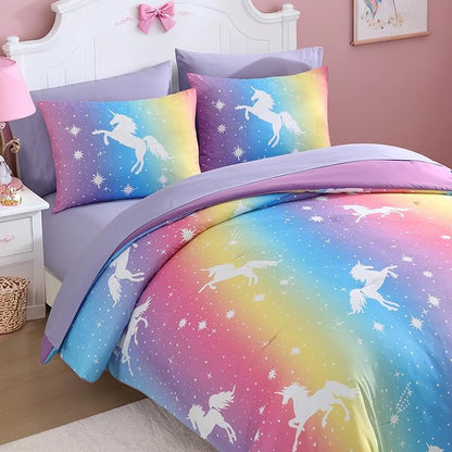 Full Comforter Set for Girls Kids - 7 Pieces Rainbow Unicorn Full Size Bedding Sets for Kids, Soft Cozy Bed in A Bag with Sheets