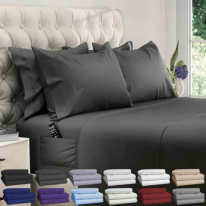 DREAMCARE King Size Sheets Set – 6 pcs Cooling Bed Sheets – up to 21” Deep Pocket King Sheet Set - 2500 Supreme Collection – Extra Soft 100% Brushed Microfiber Hotel Luxury with Side Pocket - Gray