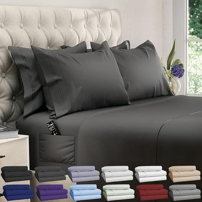 DREAMCARE King Size Sheets Set – 6 pcs Cooling Bed Sheets – up to 21” Deep Pocket King Sheet Set - 2500 Supreme Collection – Extra Soft 100% Brushed Microfiber Hotel Luxury with Side Pocket - Gray