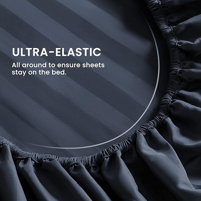 SLEEP ZONE Striped Cooling Queen Sheets Set - Fitted Flat Sheet & Pillowcase Sets 4 Piece - Super Soft Stripe Bed Sheet, Easy Care, Deep Pocket (Navy Blue, Queen)