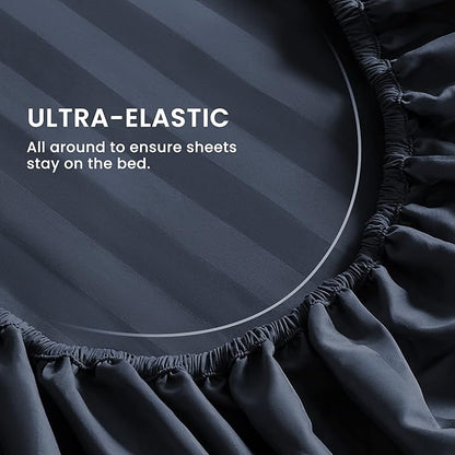 SLEEP ZONE Striped Cooling Queen Sheets Set - Fitted Flat Sheet & Pillowcase Sets 4 Piece - Super Soft Stripe Bed Sheet, Easy Care, Deep Pocket (Navy Blue, Queen)