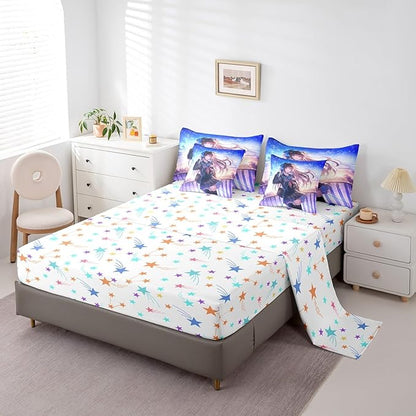 Erosebridal Anime Girl Comforter Set King Size 7 Piece, Japanese Anime Bedding Set with Sheet Set for Kids Boys Teens Bedroom Decor, Cartoon Girl Bed in A Bag Kawaii Japanese Animation Decor