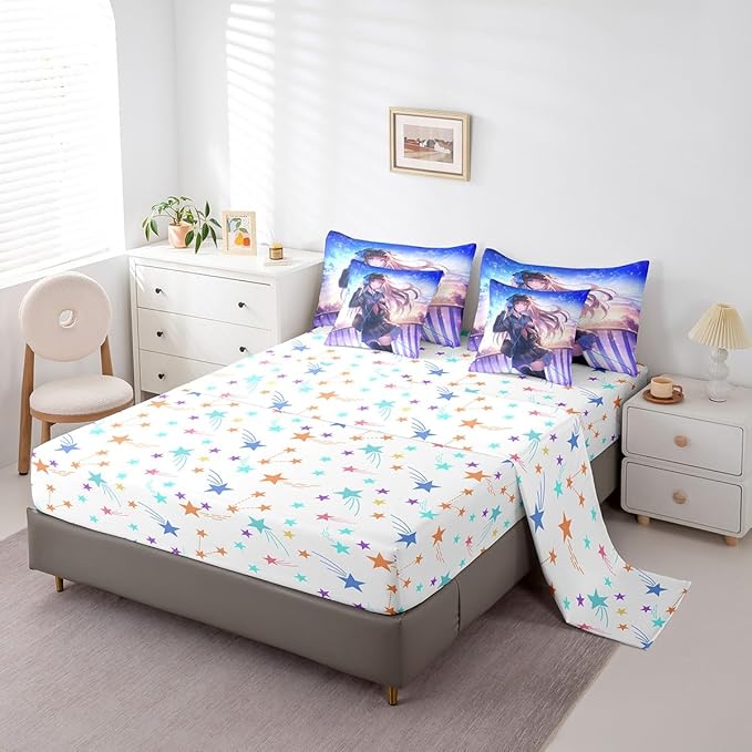 Erosebridal Anime Girl Comforter Set Twin Size 7 Piece, Japanese Anime Bedding Set with Sheet Set for Kids Boys Teens Bedroom Decor, Cartoon Girl Bed in A Bag Kawaii Japanese Animation Decor