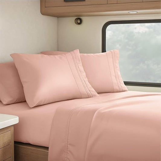 Clara Clark RV Short Queen Sheets - Hotel Luxury 6 Piece Bed Sheets for Short Queen Size Bed - Soft Bedding Sheets & Pillowcases, Fits Low Mattress up to 10 inch deep. Short Queen, Peach Beige