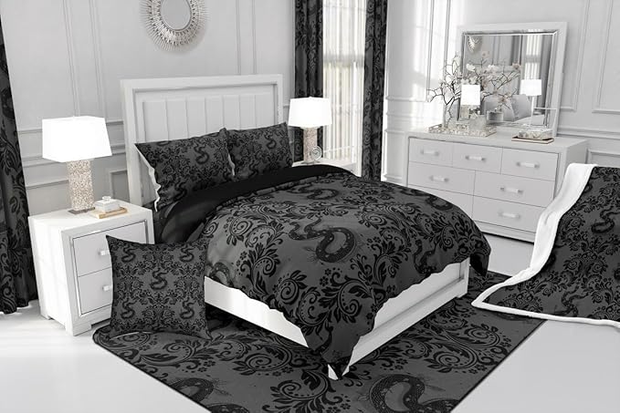 Feelyou Adults Gothic Bedding Set Soft for Boys Girls, Dark Olive Green Damask Comforter Set Full Size Snake Duvet Quilt Microfiber Bedroom Decor 3 Pcs with 2 Pillow Cases