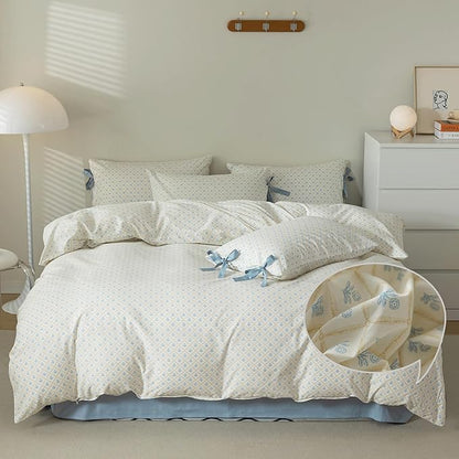 VM VOUGEMARKET Full Duvet Cover with Blue Flower Prints,100% Cotton Bedding Set,Yellow Plaid Grid Comforter Cover with Zipper Closure,80x90 Inch
