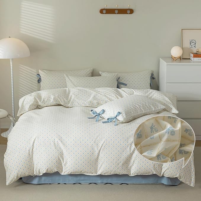 VM VOUGEMARKET Full Comforter Set Blue Flower Down Comforter with 2 Bowknot Pillowcases Blue White Plaid Prints Modern Farmhouse Bedding Set for All Season Bed in a Bag 80x90 Inch
