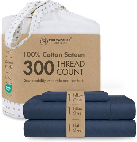 Threadmill Cotton Twin XL Sheet Set | 100% Cotton Sheets for Twin XL Size Bed | Damask Jacquard Sateen Twin XL Bed Sheets Set | 16” Deep Pocket | Soft Breathable 3pc Cooling Sheet Set | Folkstone Blue