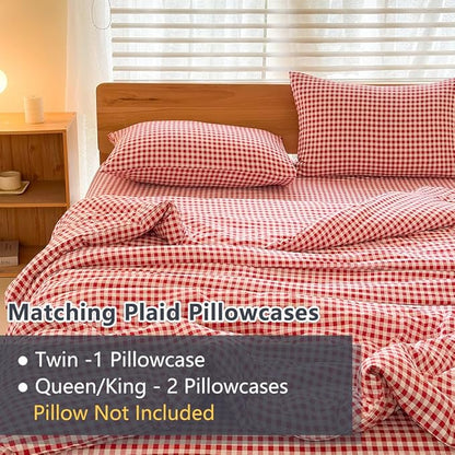 NSNLGSGC King Size Comforter Set, Red Gingham Bedding Comforter Sets, Red Grid Bed Comforter 3 Pieces (1 Comforter, 2 Pillowcases)