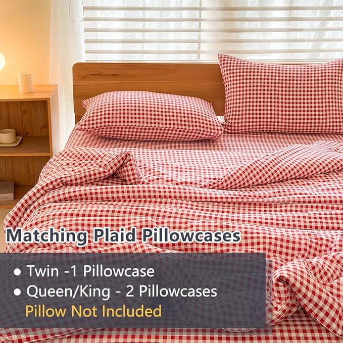 NSNLGSGC Queen Comforter Set, Red Gingham Bedding Comforter Sets, Red Grid Bed Comforter 3 Pieces (1 Comforter, 2 Pillowcases)