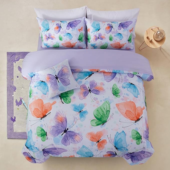 A Nice Night 6pcs Bed in A Bag Watercolor Ink Wash Tie-Dye Butterfly Flying Printed, Butterflies Bedding Comforter Set, Purple Green Twin