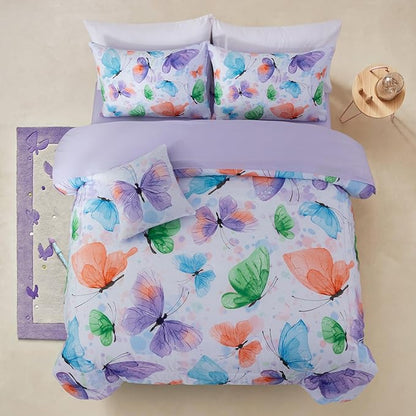 A Nice Night 6pcs Bed in A Bag Watercolor Ink Wash Tie-Dye Butterfly Flying Printed, Butterflies Bedding Comforter Set, Purple Green Twin