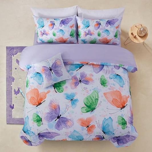 A Nice Night 6pcs Bed in A Bag Watercolor Ink Wash Tie-Dye Butterfly Flying Printed, Butterflies Bedding Comforter Set, Purple Green Full